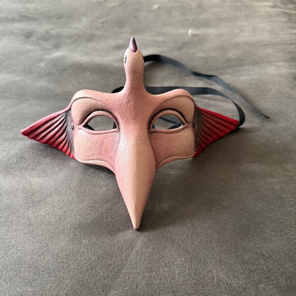 Handcrafted Pink Bird-Inspired Venetian Mask With Ribbon Ties - Picture 1 of 4